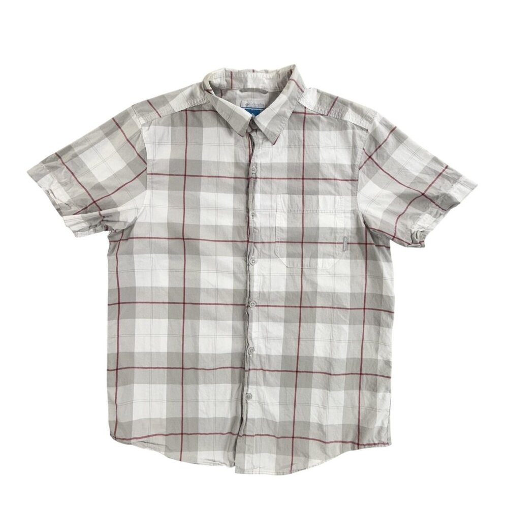 Columbia Shirt Mens Medium Gray Plaid Short Sleeve Button Up Casual Cotton Fish